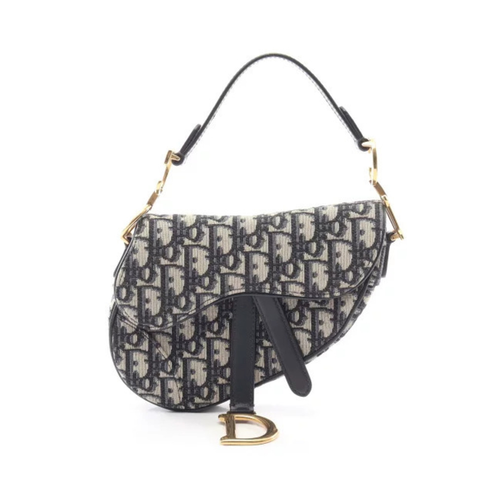 Christian Dior SADDLE Oblique Handbag Canvas Leather White Navy Blue